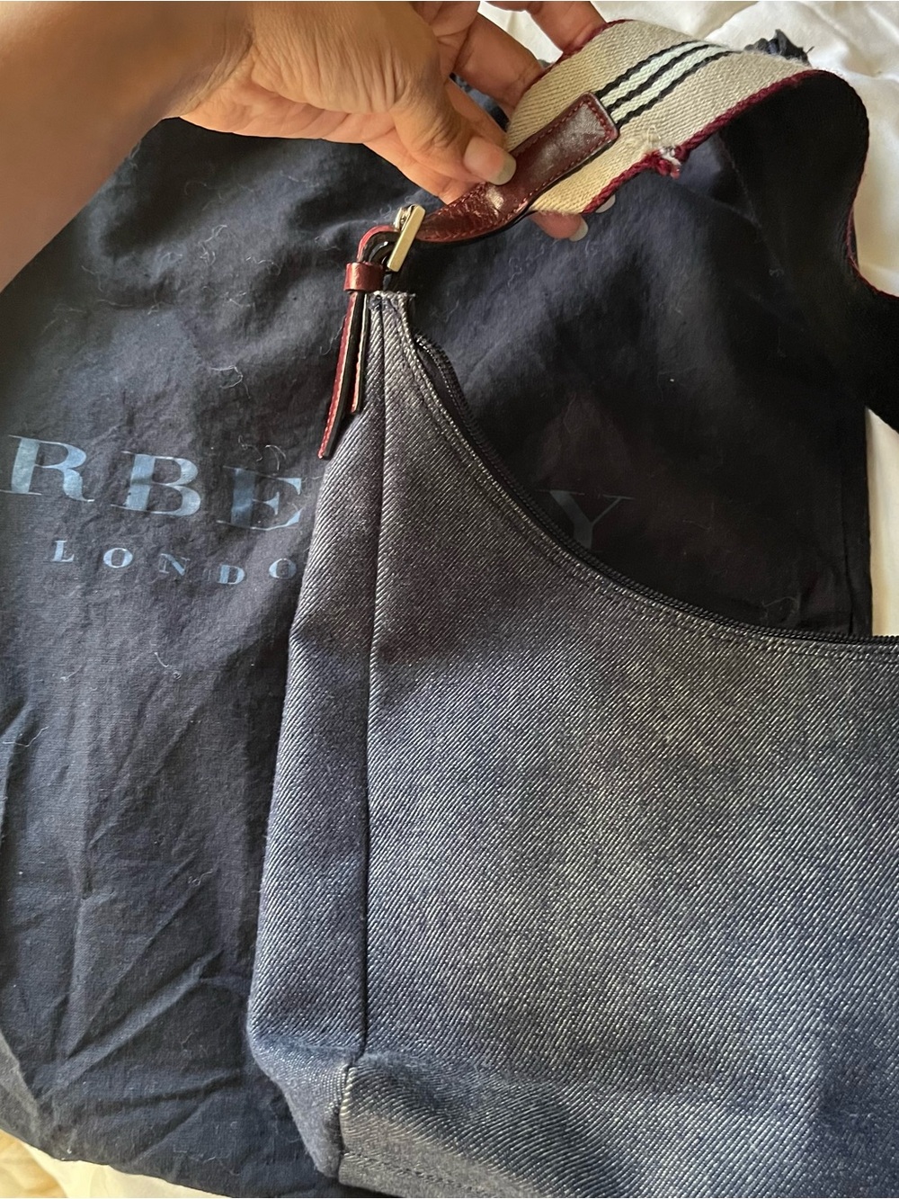 Burberry women’s blue Canvas denim Shoulder Bag with Striped Strap